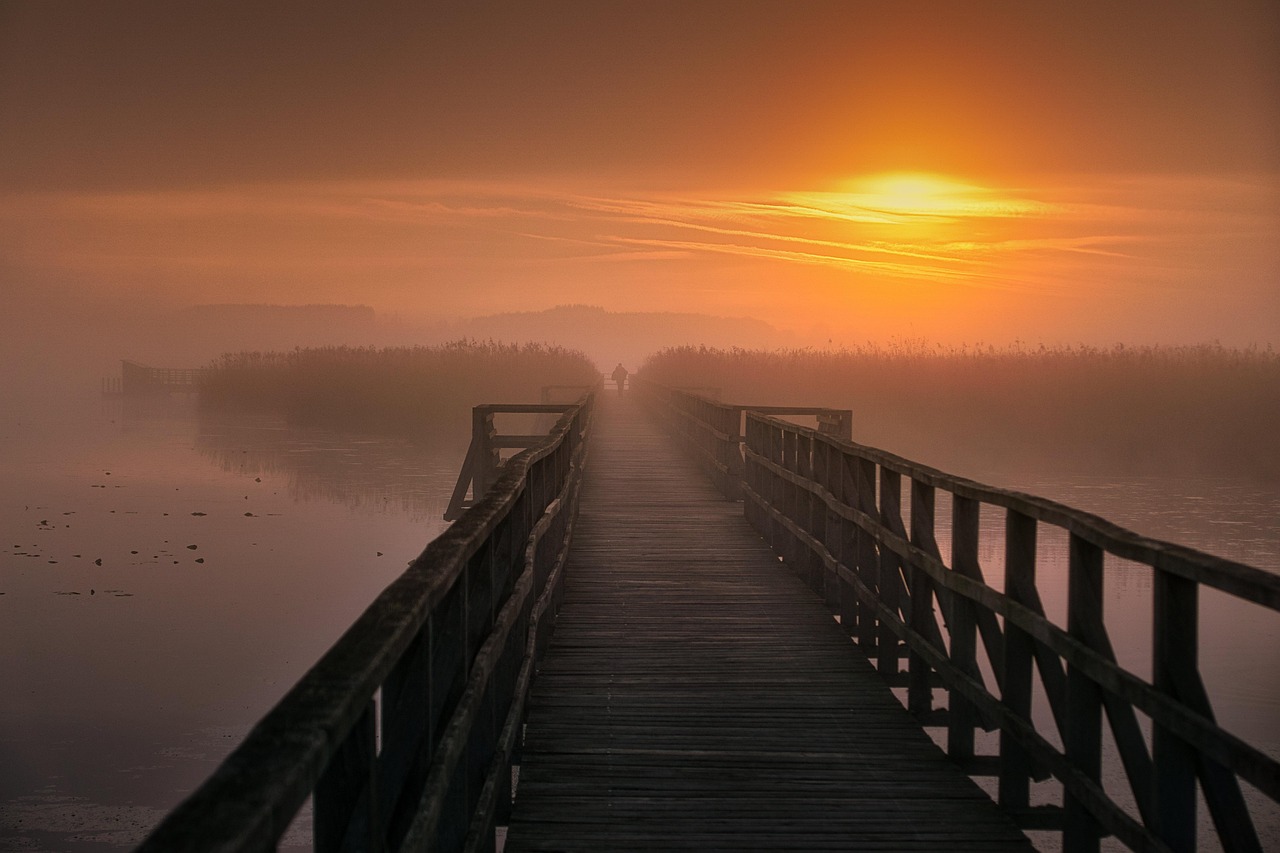 pier, silhouette, sunrise, fog, mystical, nature, landscape, nature, nature, nature, nature, nature
