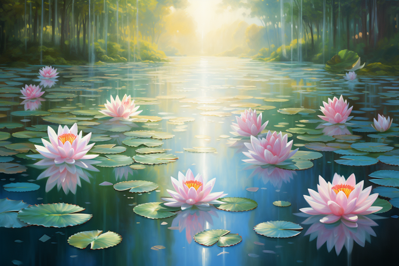 ai generated, lotus, water lilies, pink flowers, flowers, lake, tenderness, softness, water, peace, nature