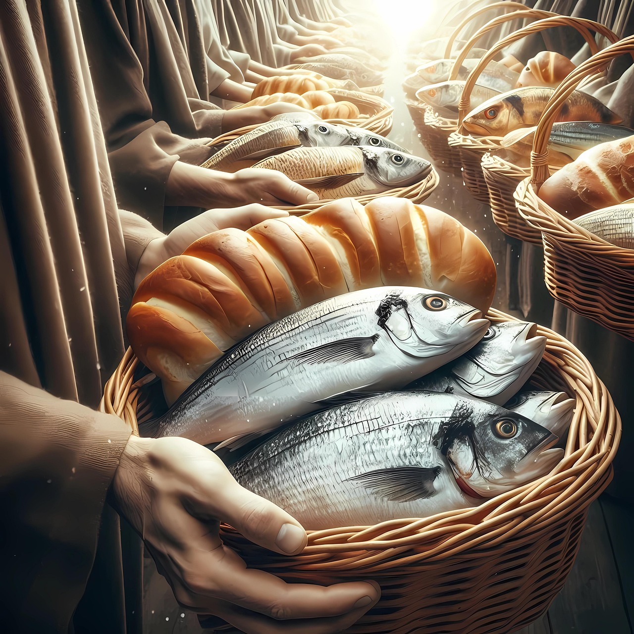 miracle, signs, fish, breads, jesus christ, christ, jesus, baskets, israel, hungry, disciples, gospel, christianity, generated by ai, miracle, jesus, jesus, jesus, jesus, jesus, israel