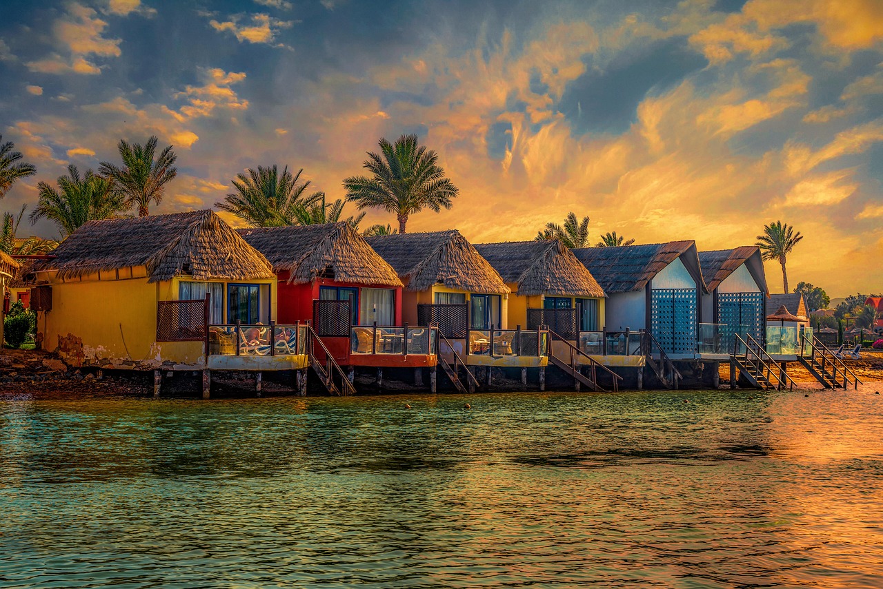 bungalow, sunset, house, africa, egypt, hotel, travel, lagoon, canal, island, nature, sky, water, architecture, sea, summer, el gouna