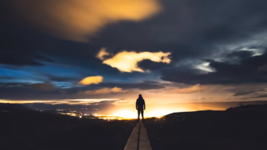 Silhouette of a person against a dramatic twilight sky, overlooking Iceland's scenic landscape.