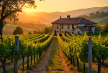 ai generated, vineyard, plants, vines, house, estate, grapes, sunset, twilight, landscape, hills, trees
