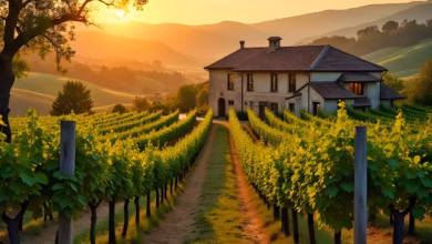 ai generated, vineyard, plants, vines, house, estate, grapes, sunset, twilight, landscape, hills, trees