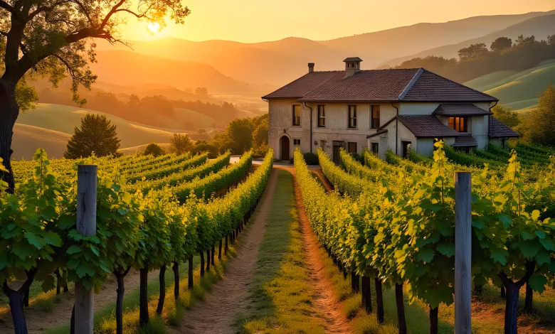 ai generated, vineyard, plants, vines, house, estate, grapes, sunset, twilight, landscape, hills, trees