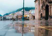 a wet street with a lamp post and buildings in the background