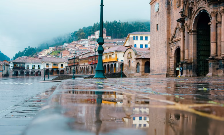 a wet street with a lamp post and buildings in the background
