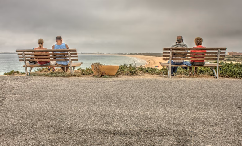 People seated on park benches overlooking a scenic beach with ocean view.