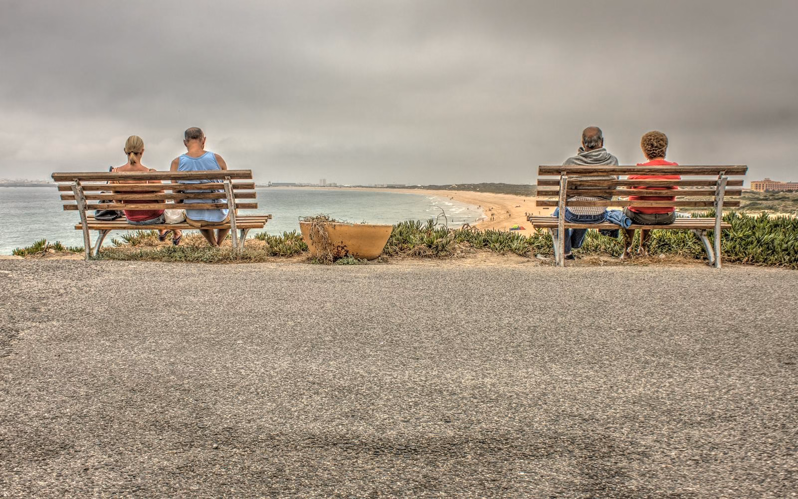 People seated on park benches overlooking a scenic beach with ocean view.