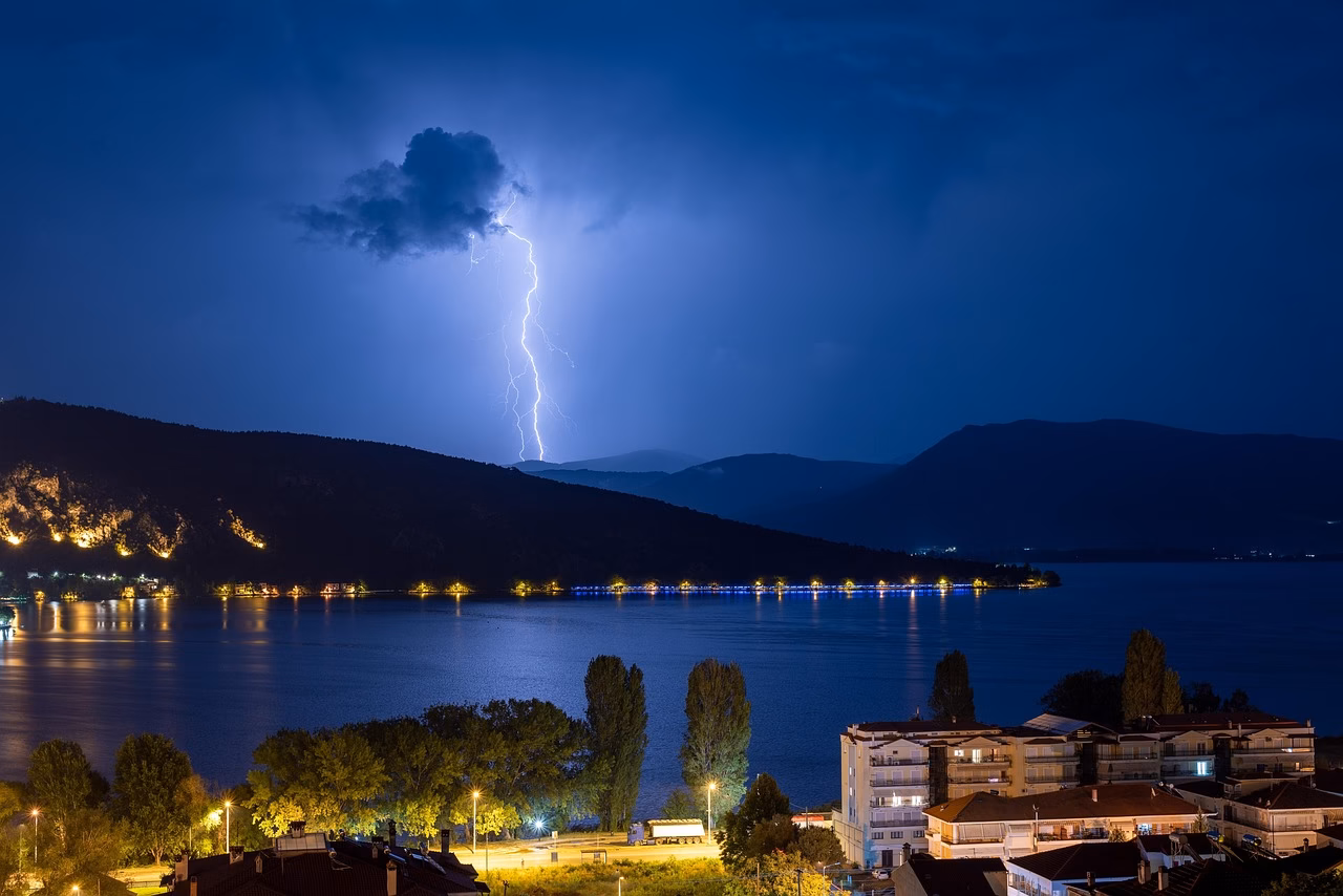 night, thunders, nature, lights, lake, trees, atmosphere