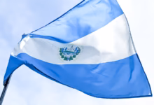 a blue and white flag flying in the sky