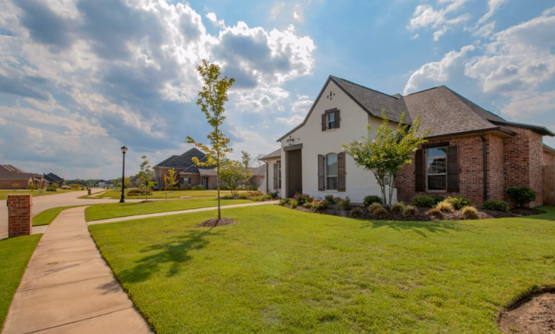 white and brown house near green grass field under white clouds and blue sky during daytime