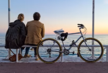 france, provence, bicycle, lovers, people, couple, nature, sunset, sea, beach, waves