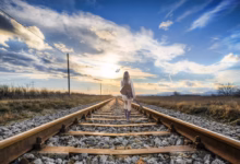 rail, girl, composing, imagination, fantasy picture, dream, woman, tracks, guitar, girl with guitar, woman with a guitar, expanse, landscape, nature, clouds, young woman, female, beauty, person, human, young girl, wishful thought, beautiful, outdoor, mood, young, dreamy, freedom, lonliness, romance, dreams, romantic, the atmosphere, atmospheric, music, summer, abandoned, sunset, evening atmosphere, lighting mood