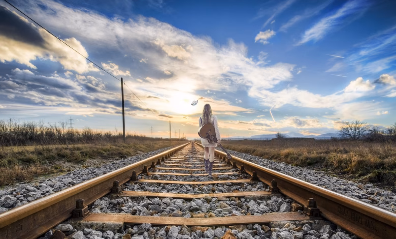rail, girl, composing, imagination, fantasy picture, dream, woman, tracks, guitar, girl with guitar, woman with a guitar, expanse, landscape, nature, clouds, young woman, female, beauty, person, human, young girl, wishful thought, beautiful, outdoor, mood, young, dreamy, freedom, lonliness, romance, dreams, romantic, the atmosphere, atmospheric, music, summer, abandoned, sunset, evening atmosphere, lighting mood