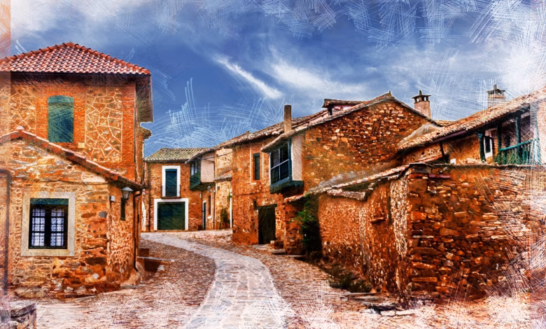castrillo de los polvazares, red spain village, pencil illustration, sketch, ancient, architecture, astorga, camino, castrillo, country, espana, españa, español, house, leon, medieval, red stone, santiago, spain, spain village, stone, street, traditional, village, way, espana, leon, leon, santiago, spain, spain, spain, spain, spain, spain village