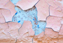A close up of a piece of paper with paint peeling off of it