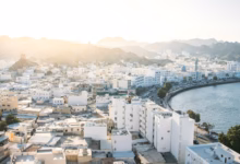 Sunlit coastal city with white buildings, bay, and mountains.