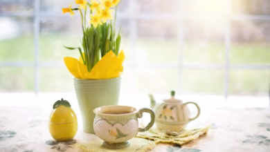 daffodils, tea, tea time, cup of tea, spring, yellow flowers, plant, nature, easter, table, home, tea, spring, easter, easter, easter, easter, easter, table, home
