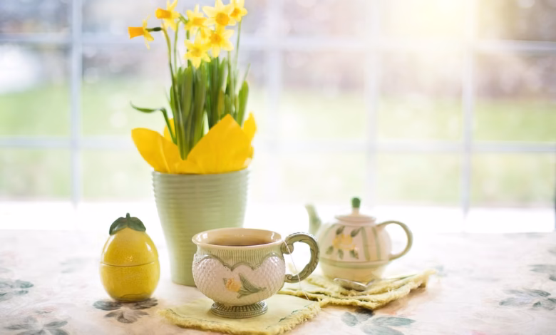daffodils, tea, tea time, cup of tea, spring, yellow flowers, plant, nature, easter, table, home, tea, spring, easter, easter, easter, easter, easter, table, home
