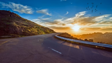 winding road, sunset, mountains, mountain landscape, street, avenue, pavement, asphalt, lane, sun, sky, road, travel, sunrise, landscape, nature, curve, trip, roadside, scenic, winding, rural, way, street, road, road, road, road, road, travel, sunrise