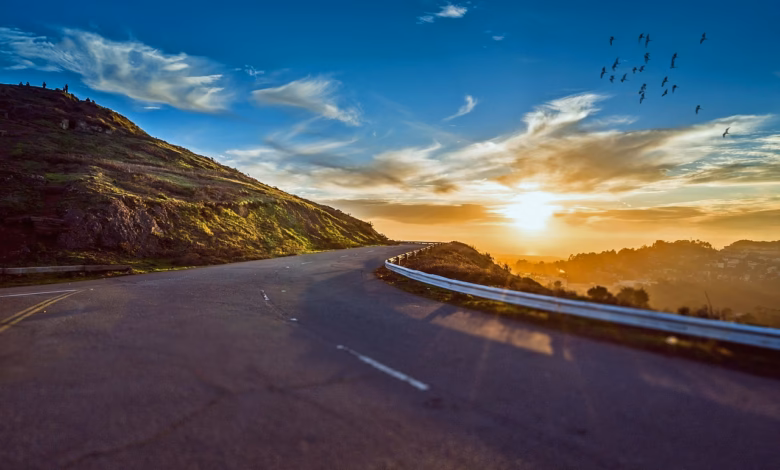 winding road, sunset, mountains, mountain landscape, street, avenue, pavement, asphalt, lane, sun, sky, road, travel, sunrise, landscape, nature, curve, trip, roadside, scenic, winding, rural, way, street, road, road, road, road, road, travel, sunrise