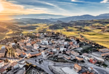 an aerial view of a village in the mountains