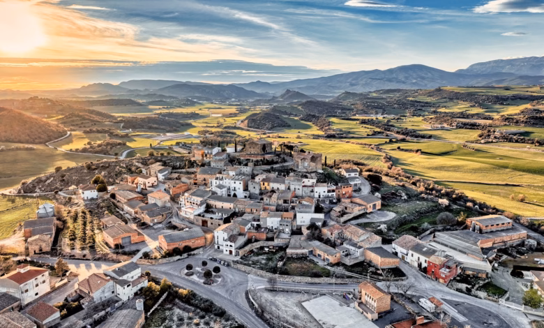 an aerial view of a village in the mountains