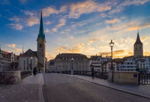 zurich, city, switzerland, architecture, building, historic center, summer, houses, heaven, churches, to travel, fraumünster, münsterbrücke, nature, dusk, magic hour, shining, backlighting, dreamy, pedestrian, church clock, monument, street lamps