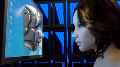 a female mannequin is looking at a computer screen