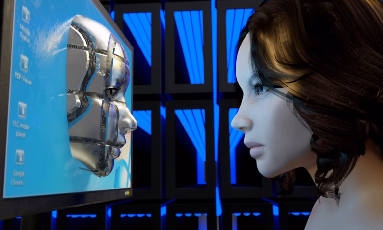 a female mannequin is looking at a computer screen