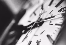 grayscale photography of clock