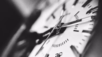 grayscale photography of clock