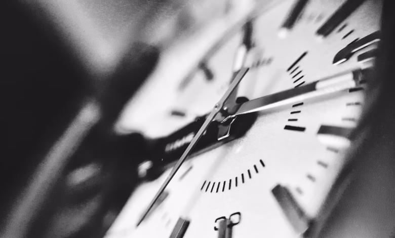 grayscale photography of clock