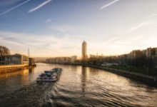city, flow, skyline, building, ship, eve