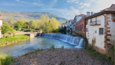 A scenic waterfall flows past charming buildings