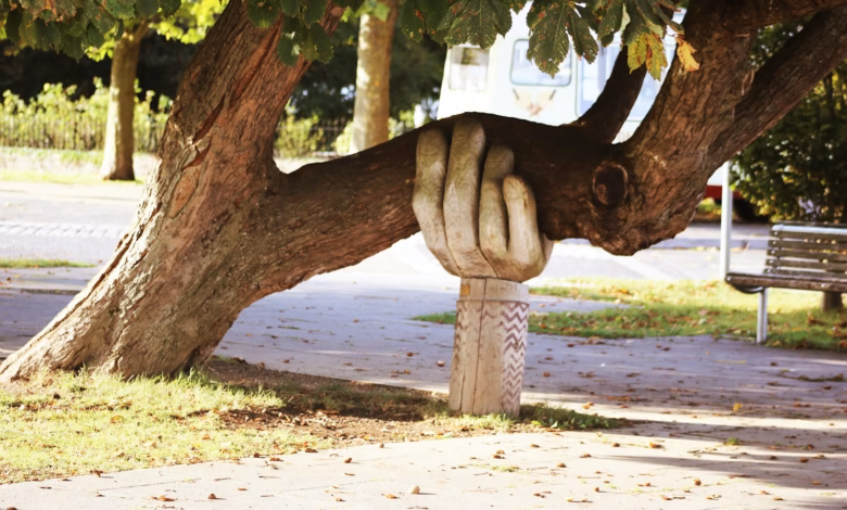 A carved wooden hand supporting a heavy tree branch in a park